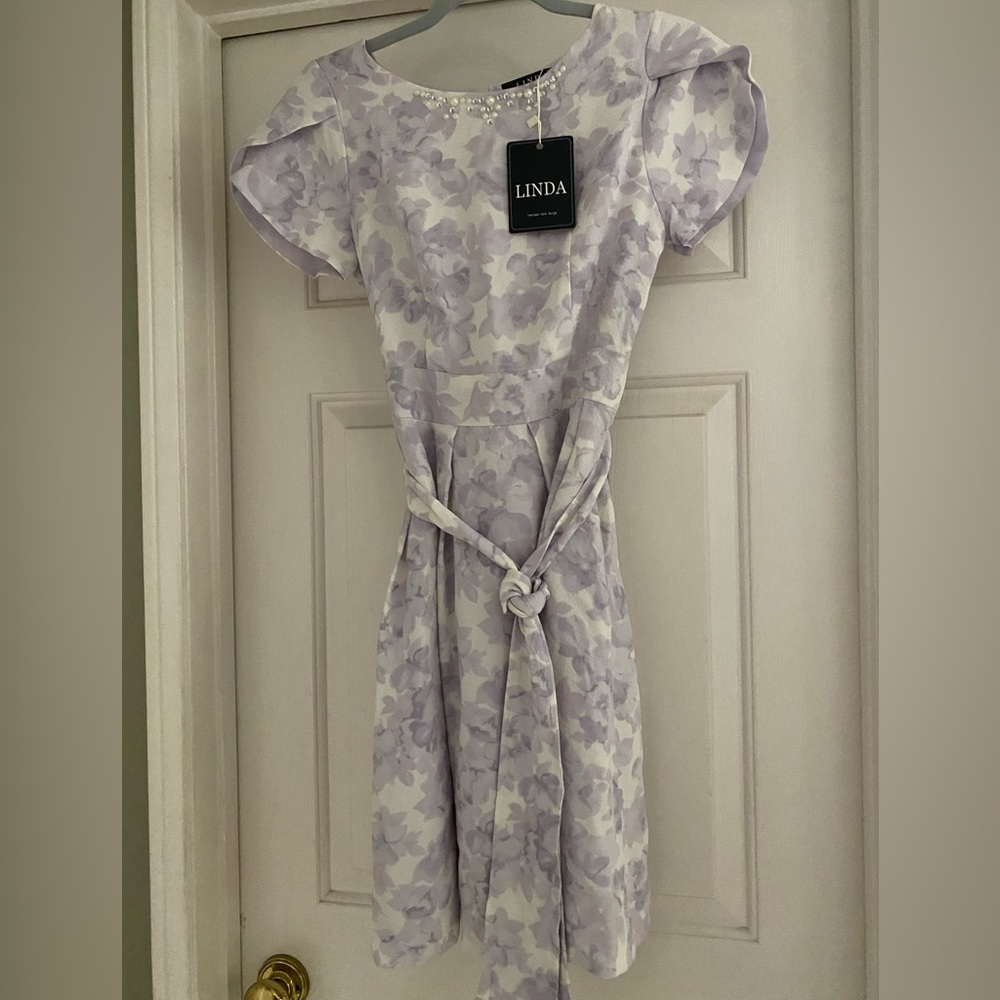 NWT Linda Thailand Lavender and White floral dress with jeweled neckline-